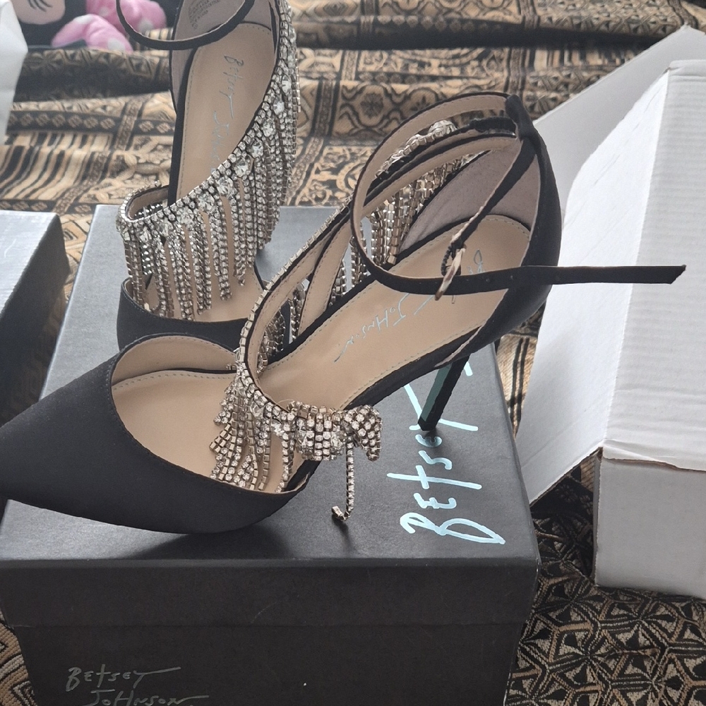 Betsey Johnson Black Heels with Silver Fringe